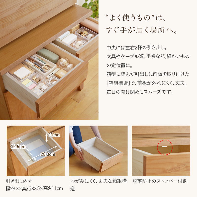 引き出しの説明　丈夫な箱組構造。