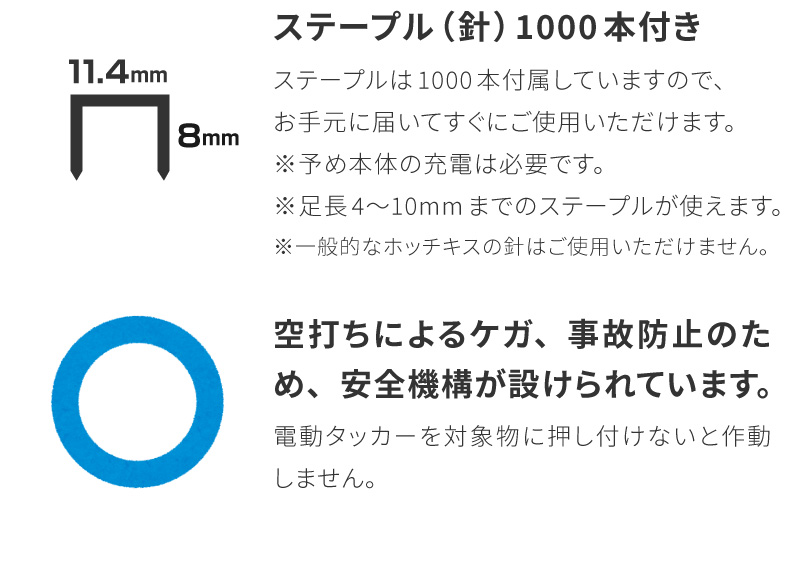 ステープル（針）1000本付き。空打ちやケガや事故防止のため、安全機構が設けられています。