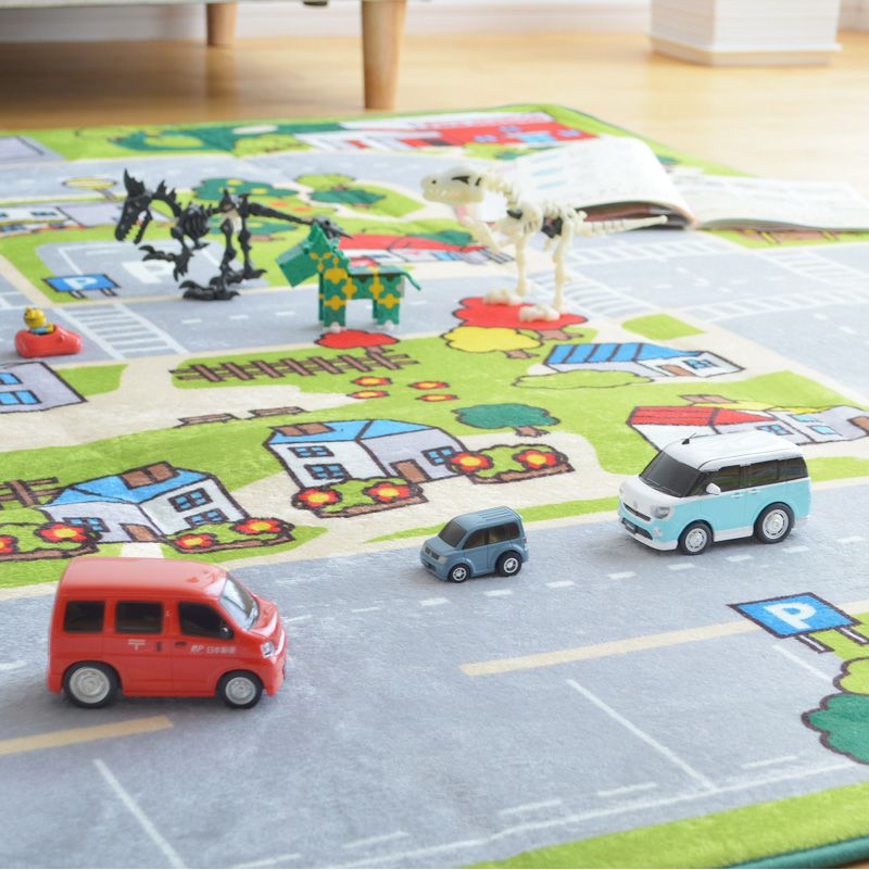 遊べて洗える道路柄ラグ ニュータウン 約190×190cm キッズラグ ニュータウン2 190×190cm 道路柄 キッズスペース 子ども